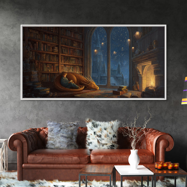 Sleeping Dragon In Cozy Library Wall Art, Fantasy Book Nook Canvas Print, Dark Academia Decor, Gift For Book Lover And Reader