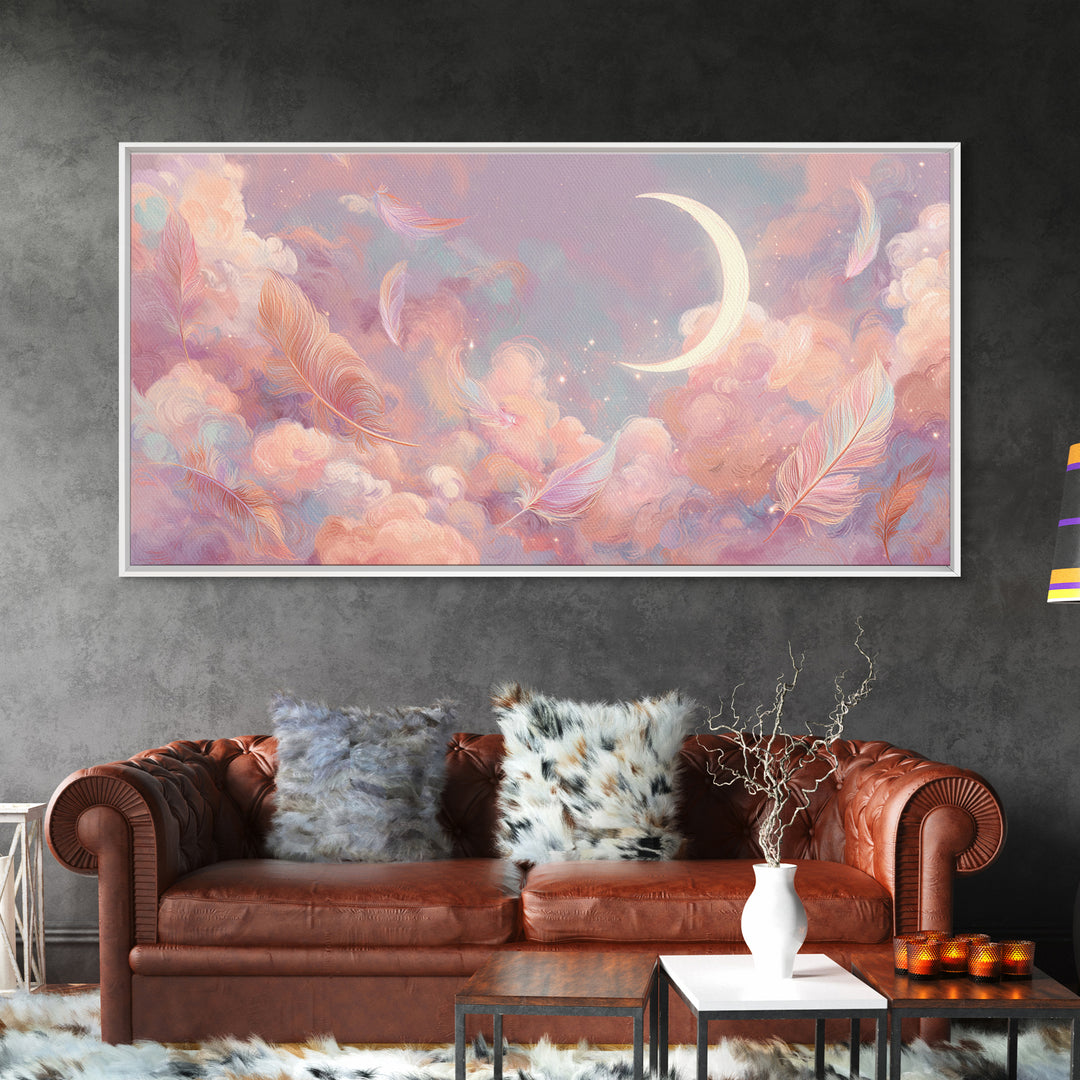 Crescent Moon And Pastel Feather Clouds Canvas Print, Celestial Wall Art, Soft Pink Nursery Decor, Dreamy Bedroom Decor, Gift