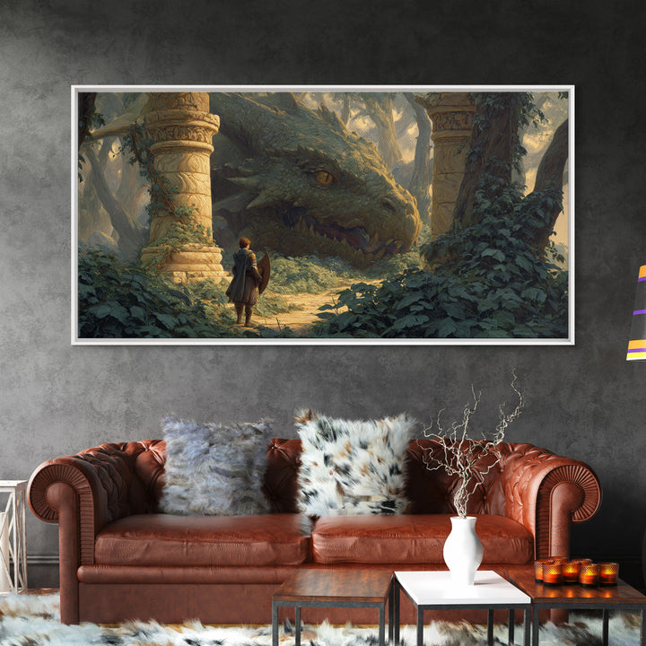 Ancient Forest Dragon Encounter Canvas Print, Fantasy Adventure Artwork, Medieval Ruins Decor, Dragon Art Print, Gift For Gamer
