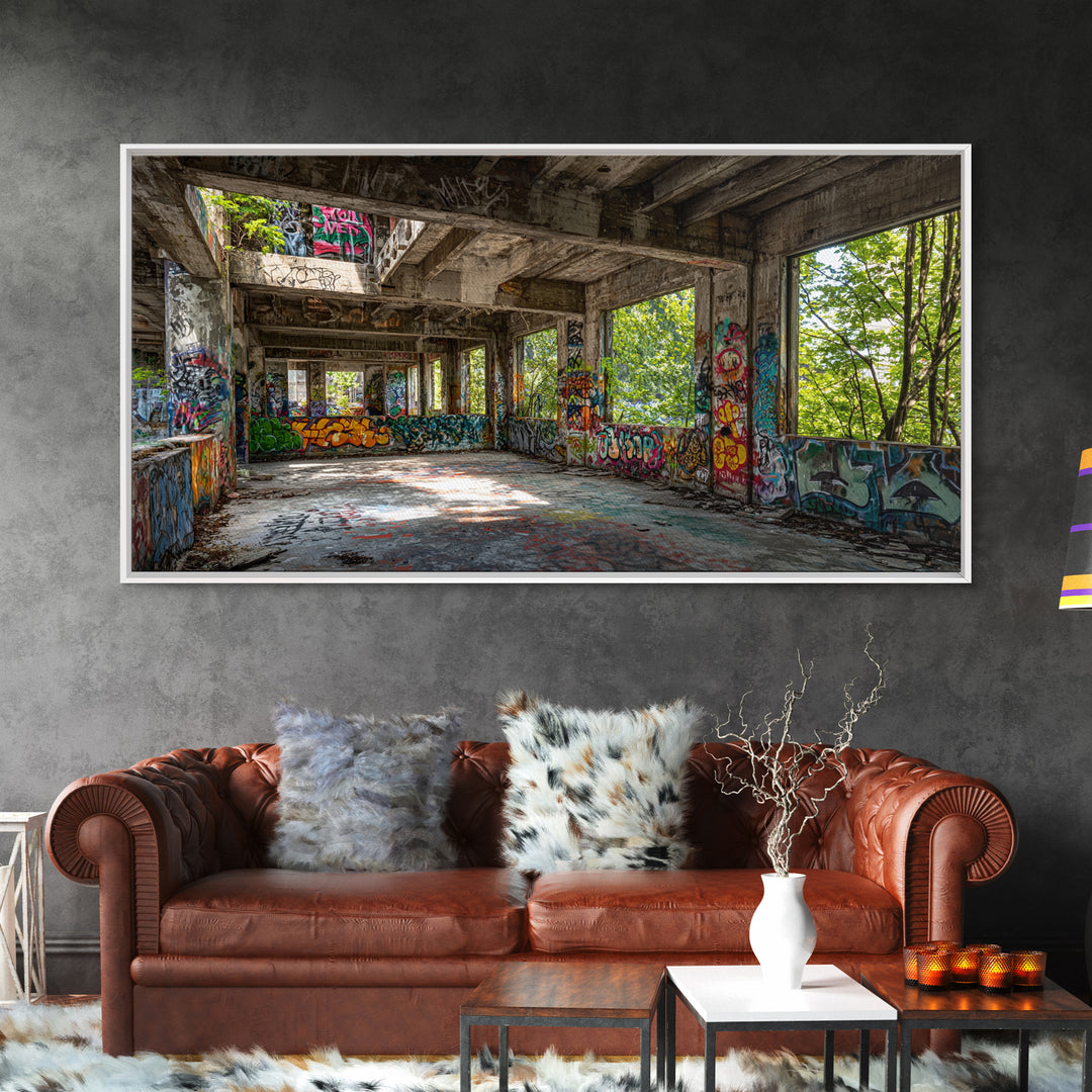 Abandoned Graffiti Warehouse Canvas Print, Urban Decay Wall Art, Industrial Street Art Decor, Edgy Loft Photography Print