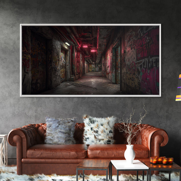 Abandoned Graffiti Corridor With Red Neon Wall Art, Urban Street Art, Industrial Decor, Grunge Poster, Office Wall Decor