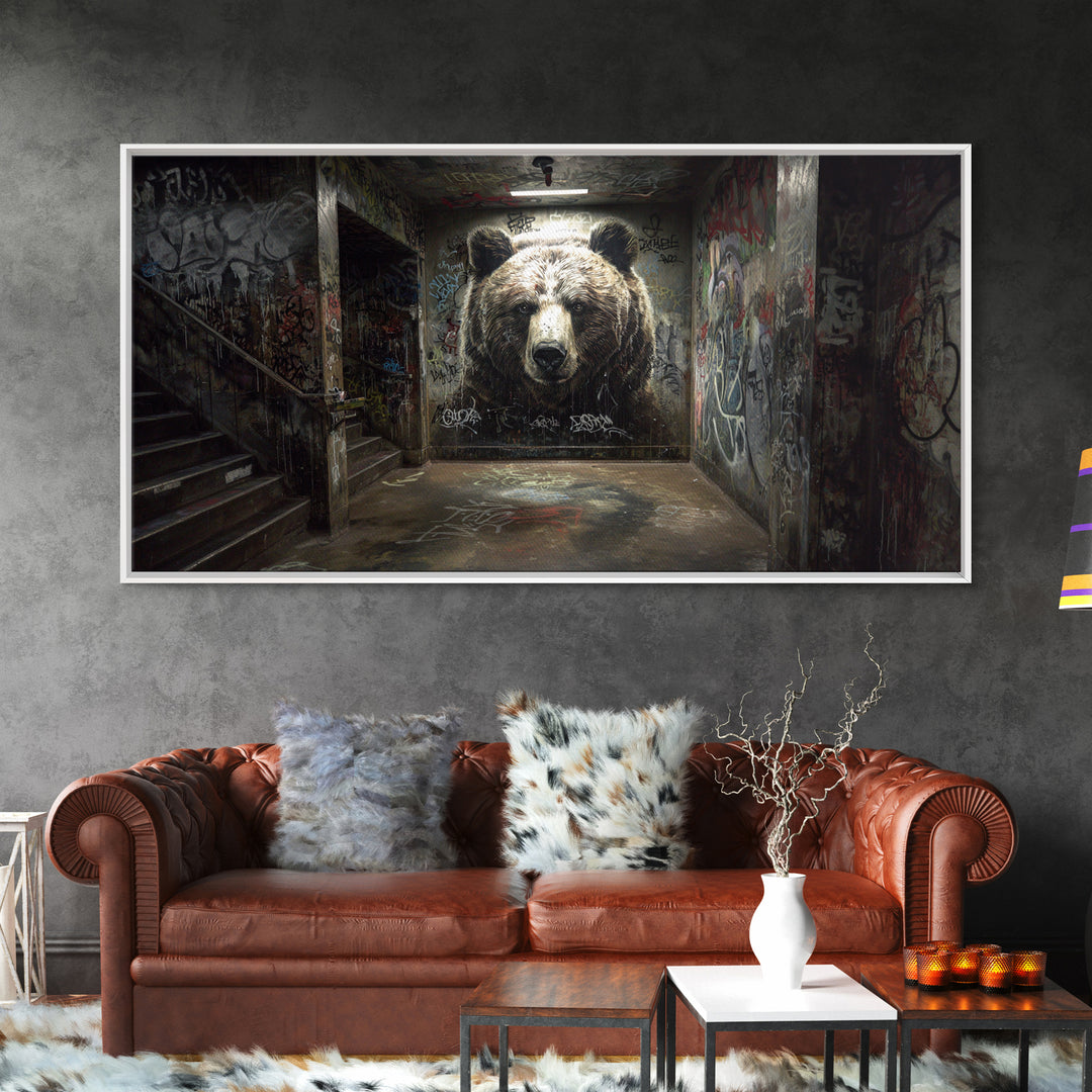 Giant Bear Graffiti Tunnel Wall Art, Urban Street Art Print, Edgy Industrial Decor, Modern Office Poster, Wildlife Mural