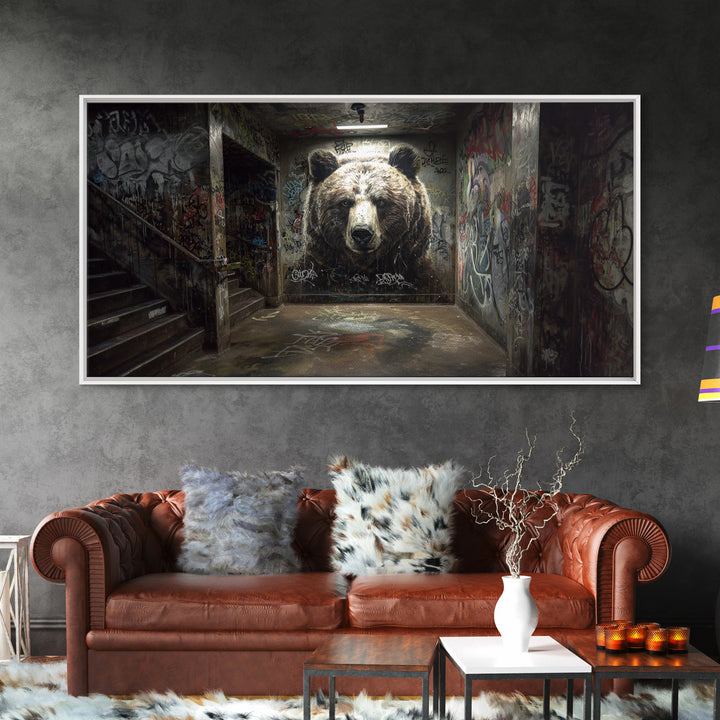 Giant Bear Graffiti Tunnel Wall Art, Urban Street Art Print, Edgy Industrial Decor, Modern Office Poster, Wildlife Mural
