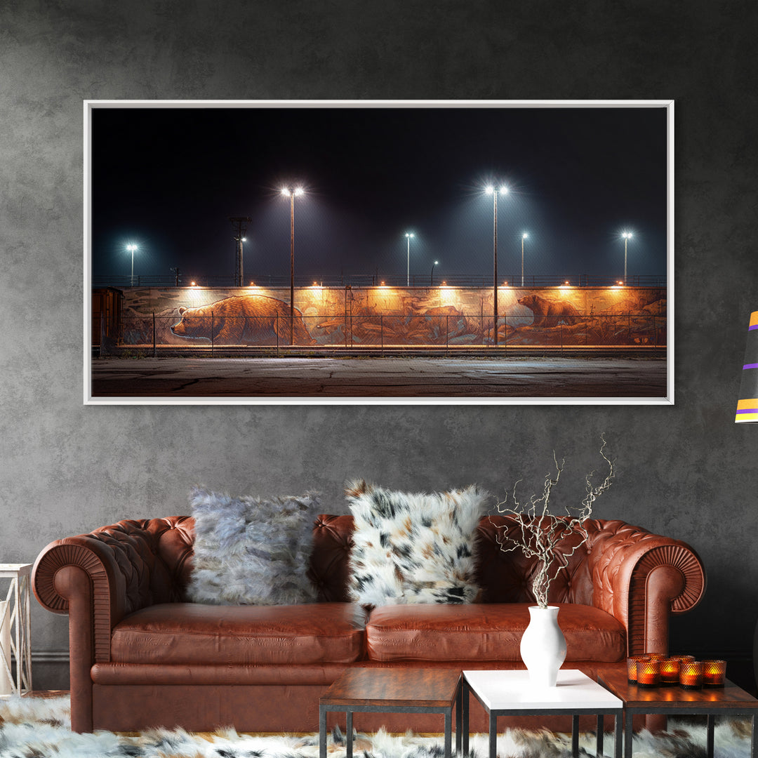 Night Industrial Light Yard Wall Art, Urban Street Photography Style Canvas, Moody Office Decor, Modern Loft Print For Him