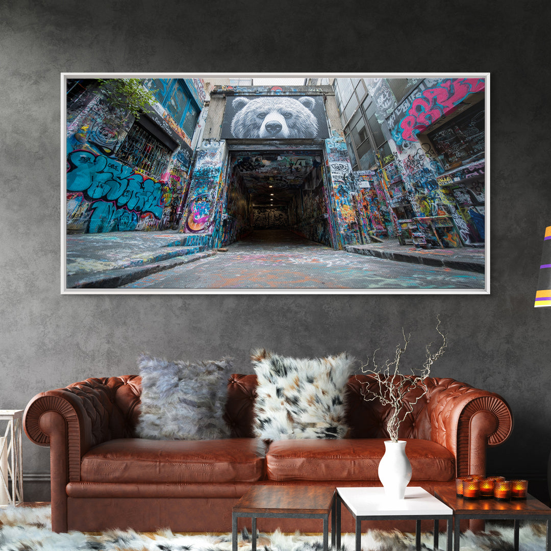 Graffiti Alley Bear Mural Wall Art, Urban Street Art Canvas Print, Bold Modern Decor For Loft, Office, Man Cave, Apartment Wall Decor