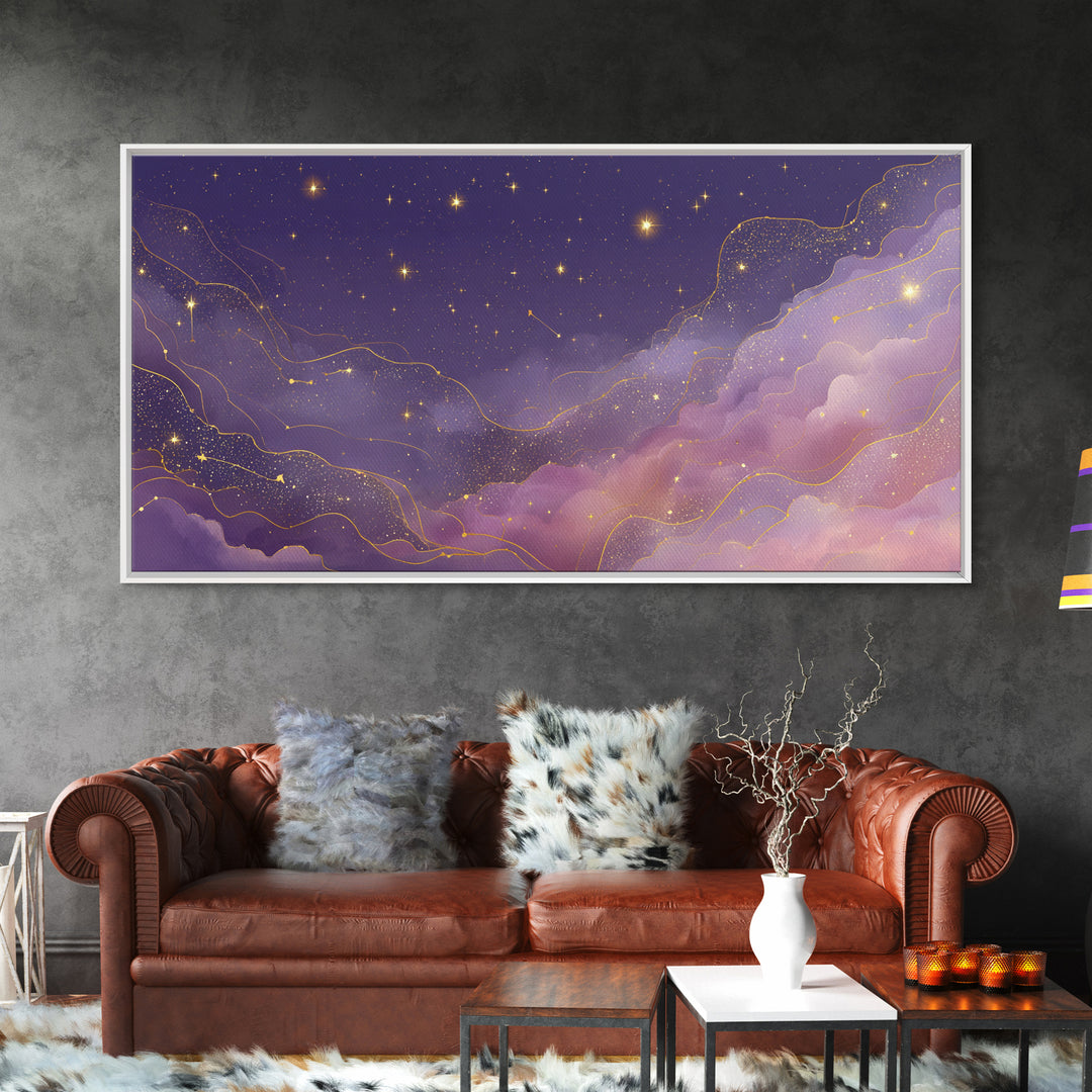Purple Starry Sky With Gold Constellations Wall Art, Celestial Canvas Print, Mystical Bedroom Decor, Astrology Gift For Her