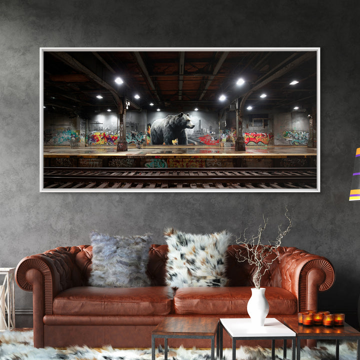 Urban Bear In Graffiti Subway Station Wall Art, Industrial Wildlife Canvas, Modern Street Art Print For Loft And Man Cave Decor