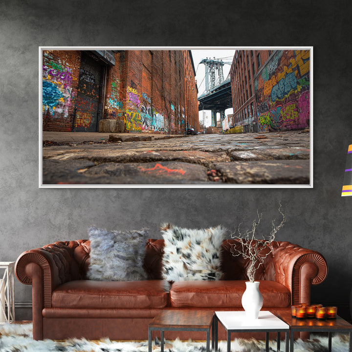 Graffiti Alley By Manhattan Bridge Wall Art, Urban Street Photography Canvas Print, Brooklyn Loft Decor, Industrial City Art