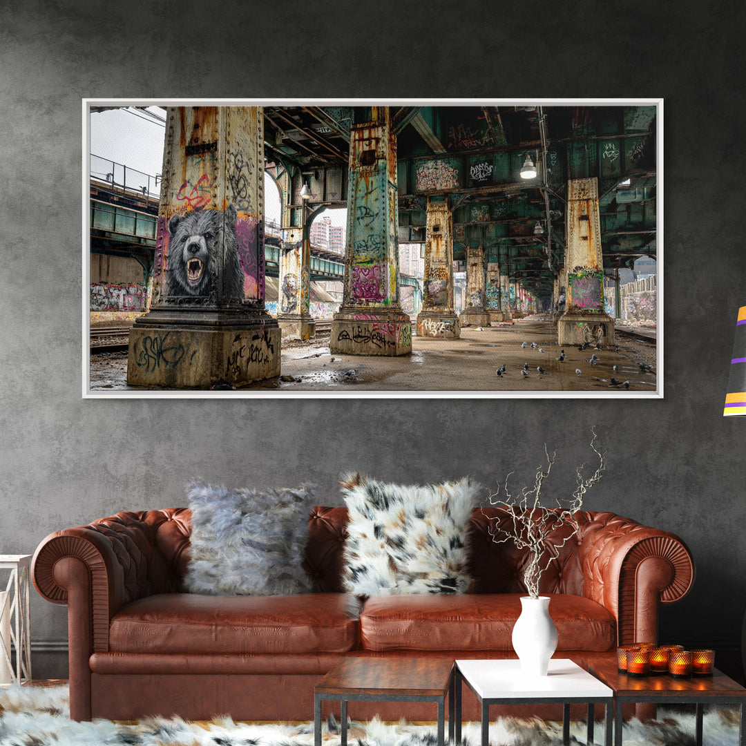 Graffiti Bear Underpass Wall Art, Urban Street Art Canvas Print, Industrial Decor, Man Cave Poster, Modern Wall Decor Print