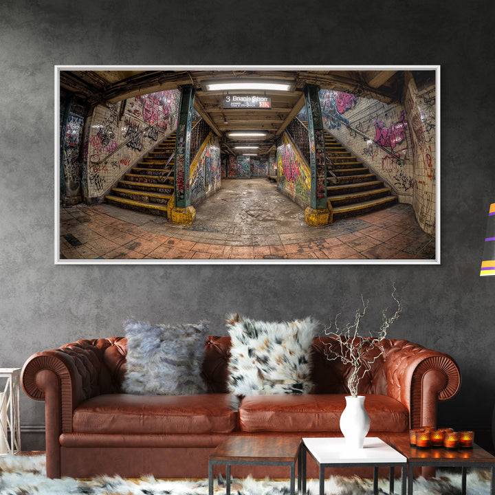 Graffiti Subway Stairwell Framed Canvas Print, Urban Street Art Wall Decor, Gritty Industrial Office Wall Art For Living Room