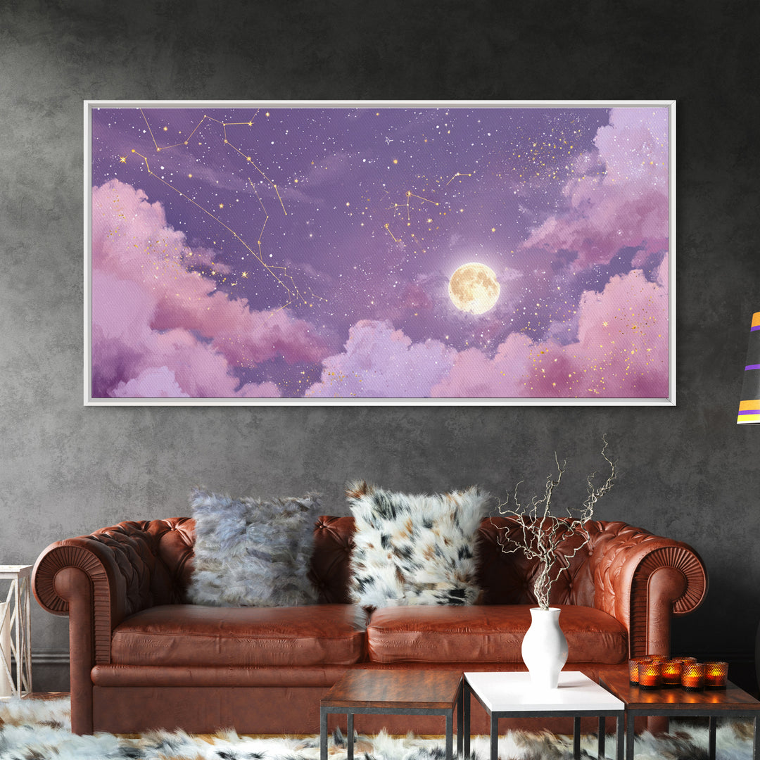 Full Moon Purple Night Sky Wall Art, Gold Constellations And Clouds Canvas Print, Celestial Bedroom Decor Gift, Astrology Wall Decor