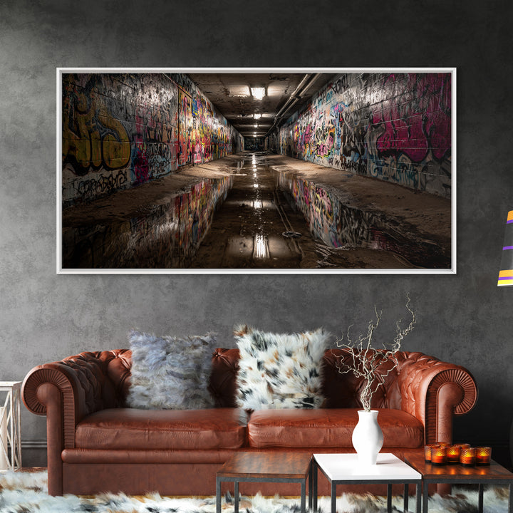 Graffiti Tunnel With Reflective Puddle Wall Art, Urban Street Art Canvas Print, Industrial Decor, Modern Office Wall Decor