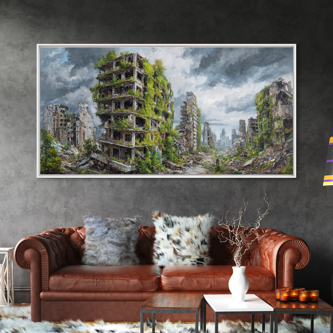 Overgrown Ruined Cityscape Wall Art, Post Apocalyptic Landscape Canvas Print, Urban Nature Decor For Modern Home And Office