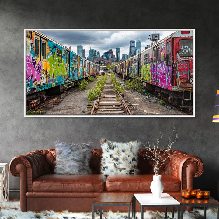 Graffiti Train Yard With City Skyline Wall Art, Urban Street Art Canvas Print, Colorful Industrial Decor, Modern Loft Gift
