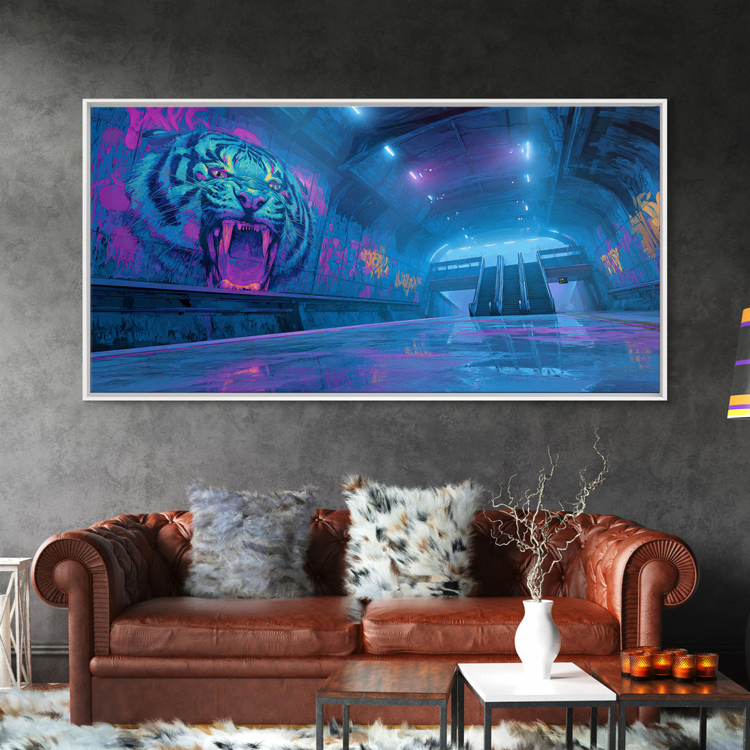 Neon Tiger Subway Canvas Print, Cyberpunk Graffiti Wall Art, Futuristic Blue Pink Gaming Room Decor, Bold Urban Gift For Him
