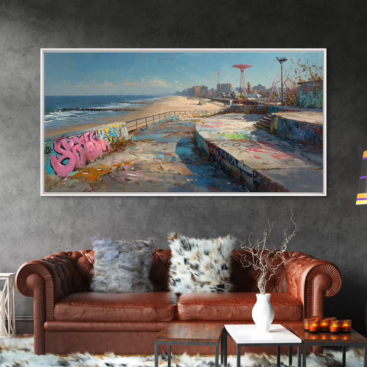 Graffiti Beach Boardwalk Seascape Wall Art, Coney Island Style Travel Poster, Urban Coastal Decor, Ocean City Print, Summer Beach Art