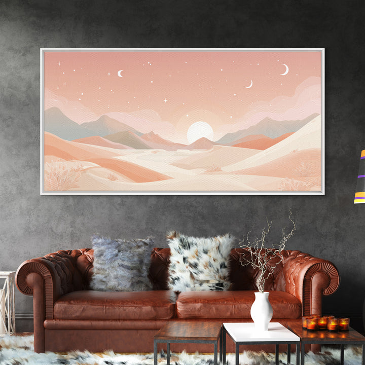 Pastel Desert Sunrise Landscape Canvas Print, Minimalist Mountain Wall Art, Boho Neutral Home Decor For Bedroom And Living Room