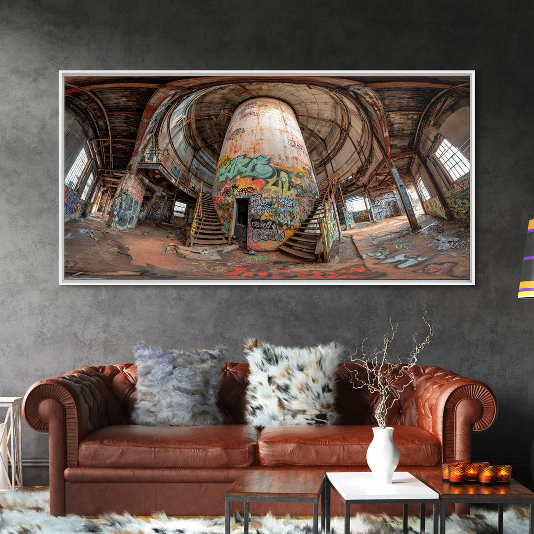 Abandoned Graffiti Silo Wall Art, Urban Industrial Interior Photograph, Street Art Decor, Modern Loft Canvas Print Gift For Home