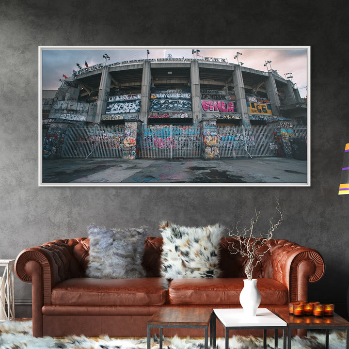 Abandoned Graffiti Stadium Facade Wall Art, Urban Street Art Canvas Print, Industrial Decor, Man Cave And Office Wall Decor