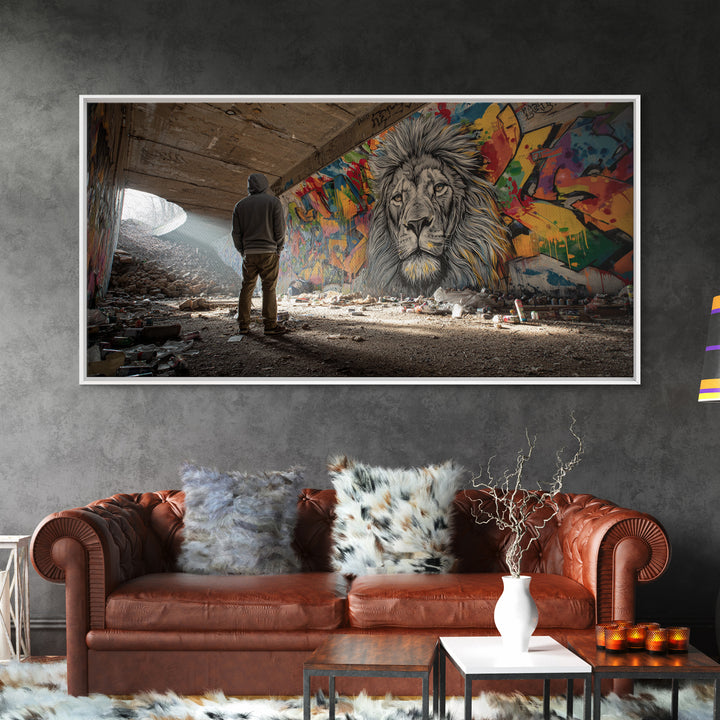 Hooded Figure Before Graffiti Lion Wall Art, Urban Street Art Canvas Print, Bold Industrial Decor, Gift For Him, Modern Home Decor