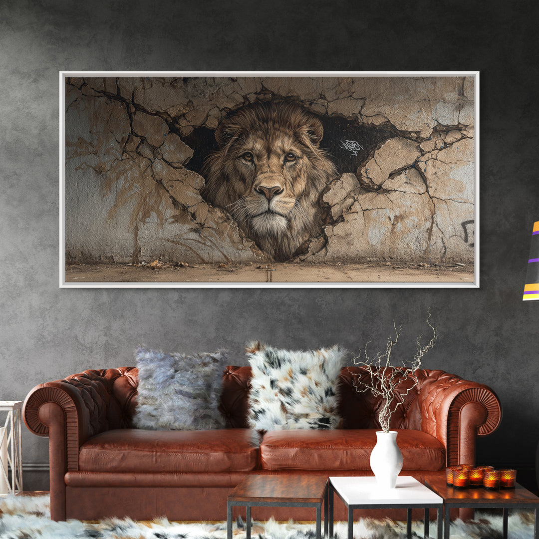 Cracked Wall Lion Mural Wall Art, Wildlife Graffiti Canvas Print, Big Cat Street Art, Urban Decor For Modern Living Room