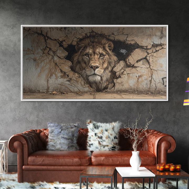 Cracked Wall Lion Mural Wall Art, Wildlife Graffiti Canvas Print, Big Cat Street Art, Urban Decor For Modern Living Room
