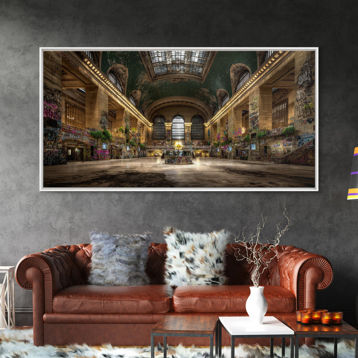 Overgrown Grand Train Station Wall Art, Abandoned Urban Canvas Print, Graffiti Decor, Architecture Poster, Eclectic Wall Decor