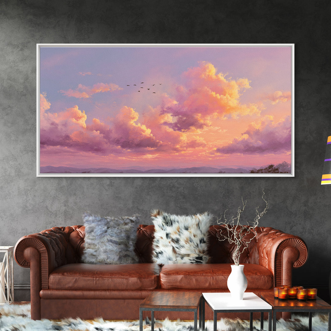 Golden Pink Sunset Clouds Over Mountains Wall Art, Serene Landscape Canvas Print, Living Room Decor, Housewarming Gift For Her