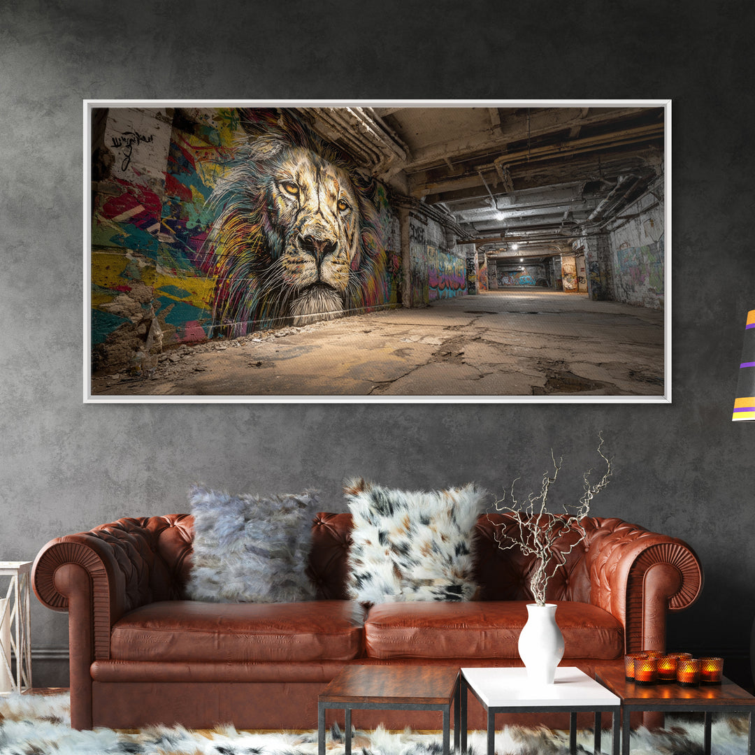 Underground Lion Graffiti Wall Art, Urban Street Art Canvas Print, Industrial Decor, Bold Wildlife Mural For Loft Office