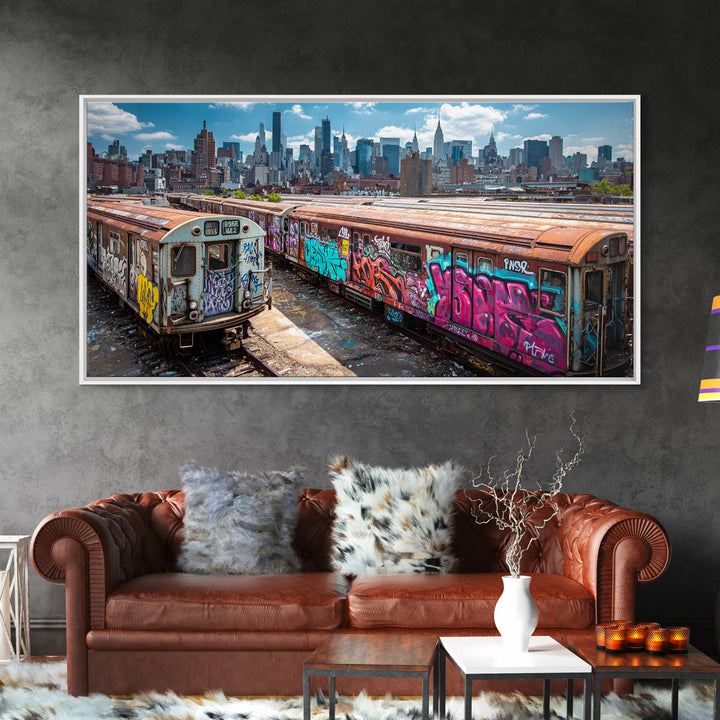 Graffiti Subway Trains With New York Skyline Wall Art, Urban Street Art Canvas Print, NYC Decor, Industrial Office Poster