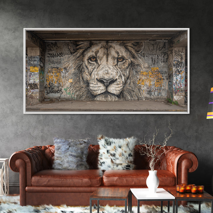 Black And White Lion Graffiti Wall Art, Urban Street Art Mural Print, Big Cat Decor, Masculine Office Decor, Gift For Him