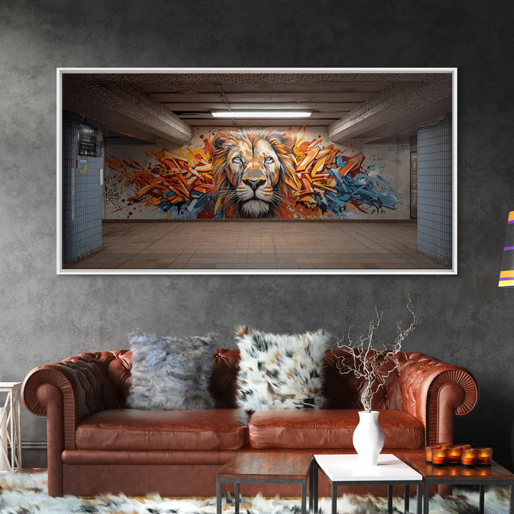 Colorful Graffiti Lion Subway Wall Art, Urban Street Art Canvas Print, Bold Modern Decor, Industrial Loft Statement Art Print