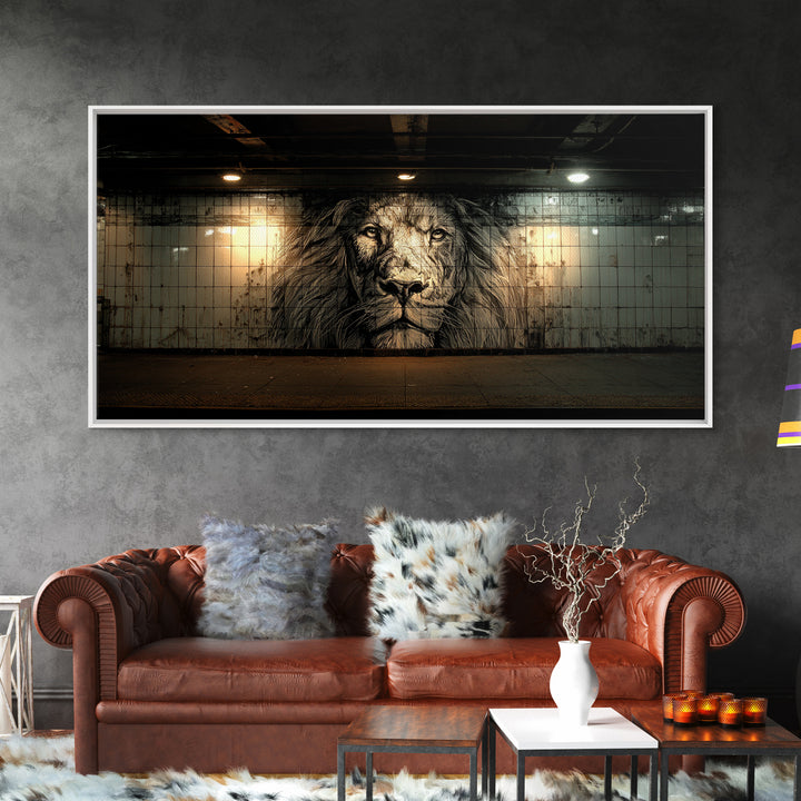 Black And White Lion Mural Wall Art, Urban Street Art Canvas, Industrial Loft Decor, Masculine Office Wall Decor, Bold Art Print
