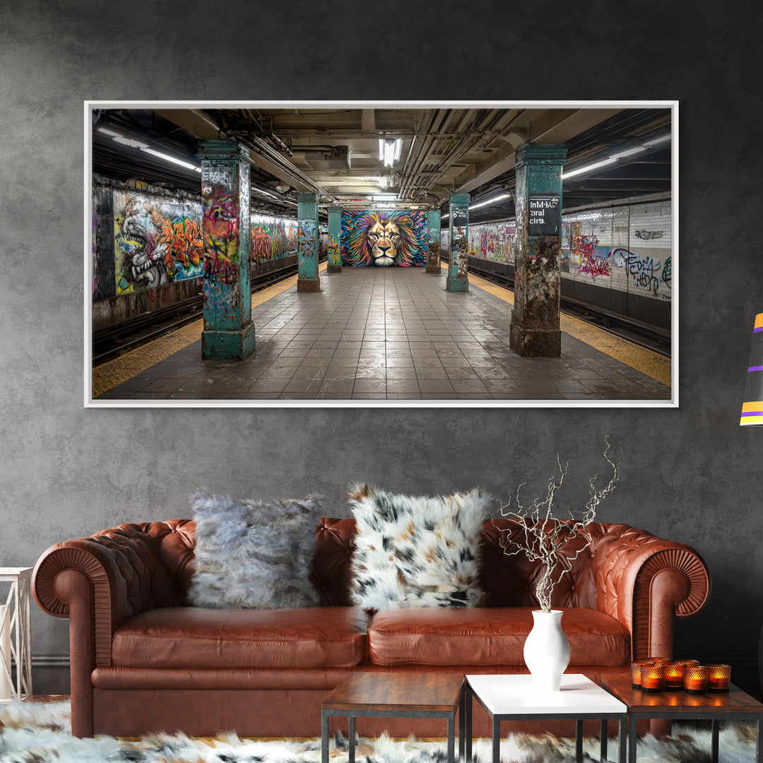 Graffiti Subway Platform With Lion Mural Wall Art, Urban Street Art Canvas Print, Pop Art Decor, Modern Office Wall Decor