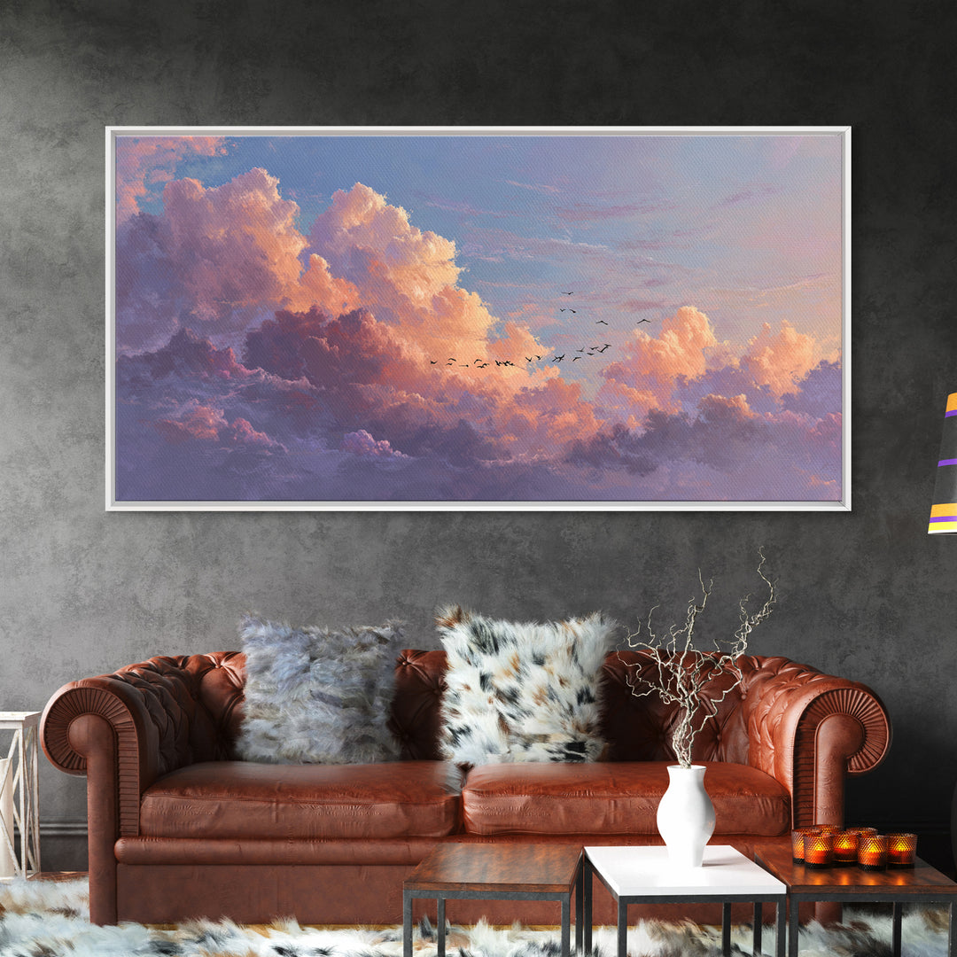 Dramatic Pastel Cloudscape With Birds Canvas Print, Sunset Sky Wall Art, Large Landscape Decor For Living Room, Office Decor