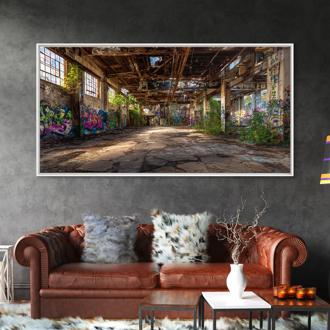 Abandoned Warehouse Graffiti Wall Art, Urban Decay Photography Canvas Print, Industrial Loft Decor, Large Street Art Poster