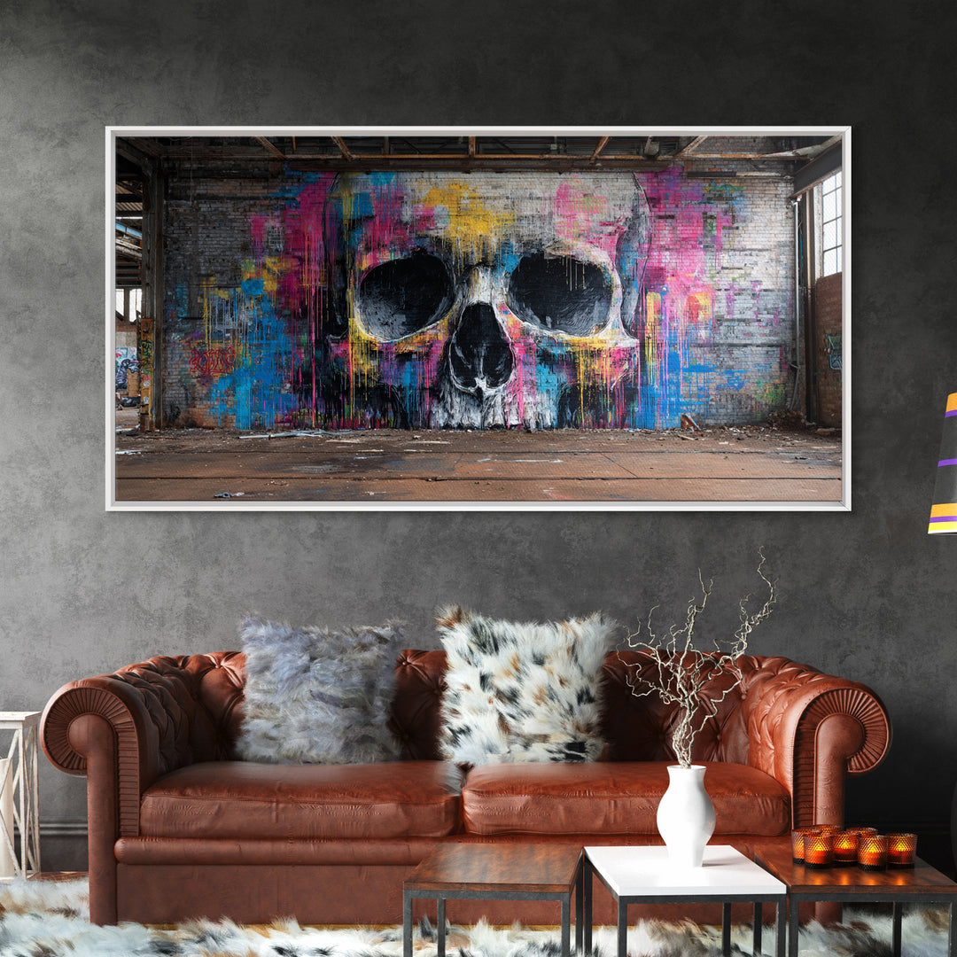 Neon Graffiti Skull Mural In Abandoned Warehouse Wall Art, Street Art Print, Gothic Decor, Edgy Urban Poster, Man Cave Decor