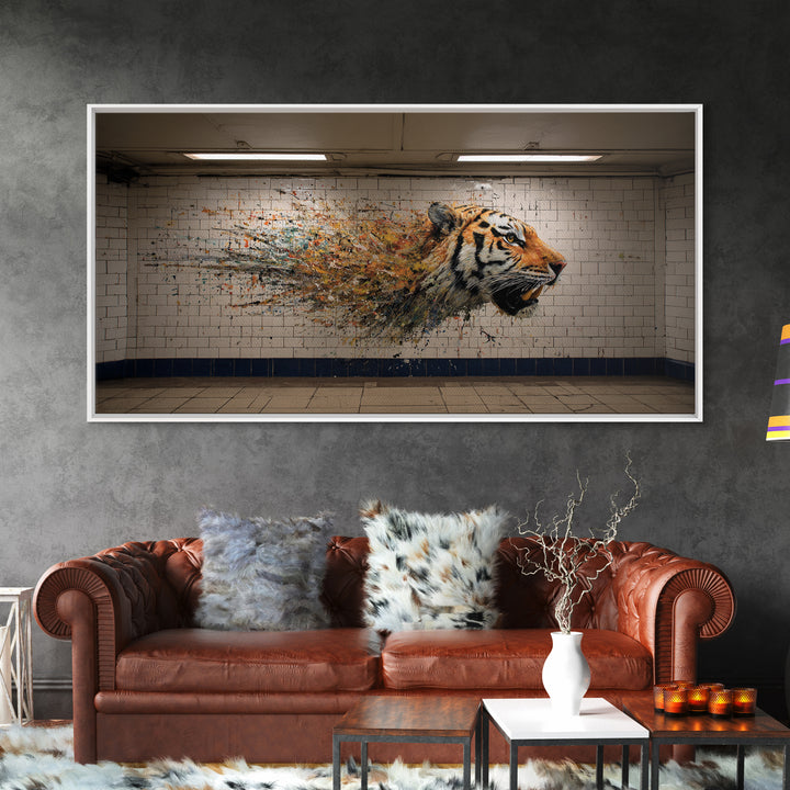 Exploding Tiger Subway Mural Wall Art, Urban Street Art Canvas Print, Bold Animal Decor, Maximalist Gift For Him Modern Loft