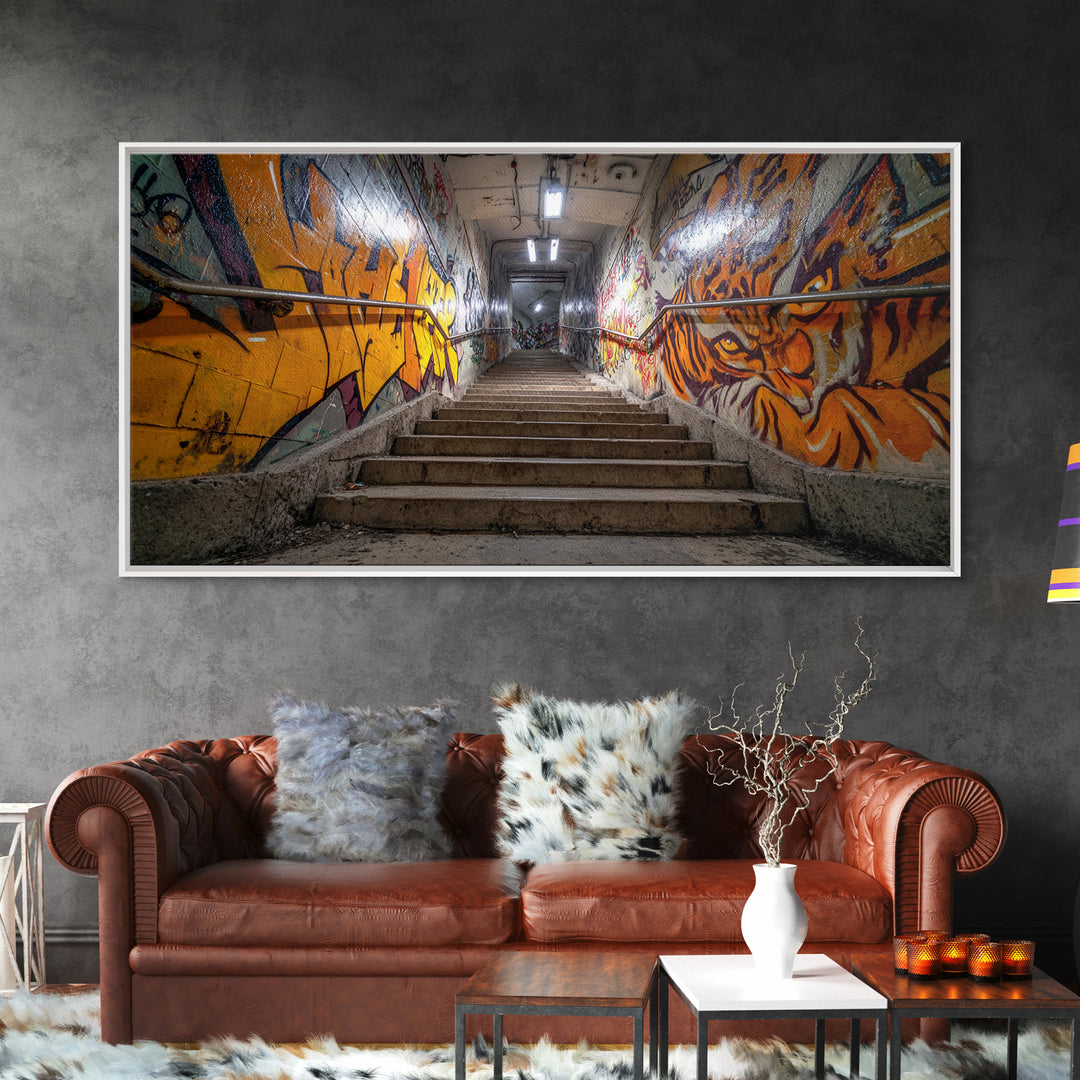 Graffiti Stairway Tunnel Wall Art, Underground Urban Street Art Canvas Print, Gritty Industrial Decor, Colorful Modern Art