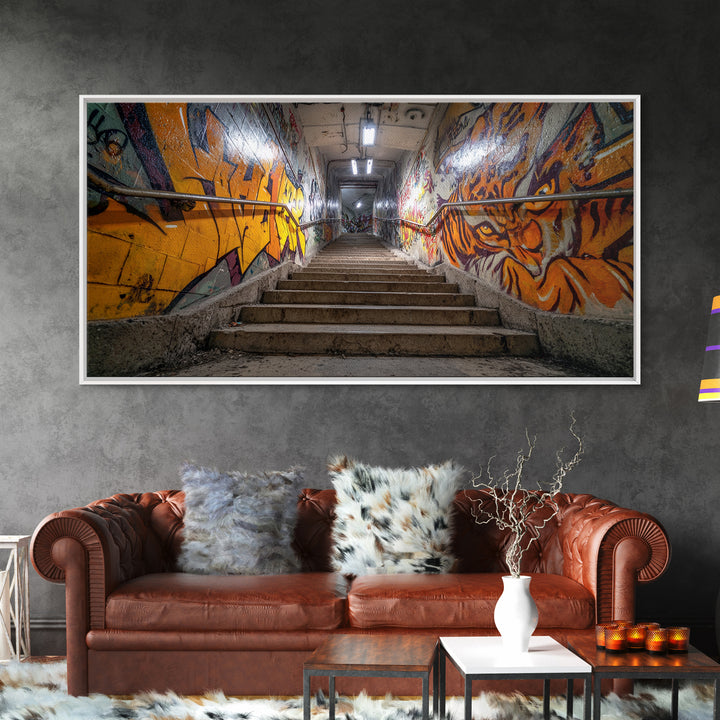 Graffiti Stairway Tunnel Wall Art, Underground Urban Street Art Canvas Print, Gritty Industrial Decor, Colorful Modern Art