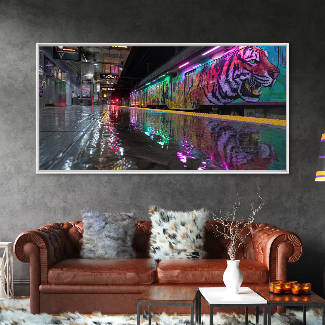 Neon Tiger Train Station Wall Art, Urban Subway Graffiti Canvas Print, Cyberpunk Animal Decor For Modern Living Room Gallery