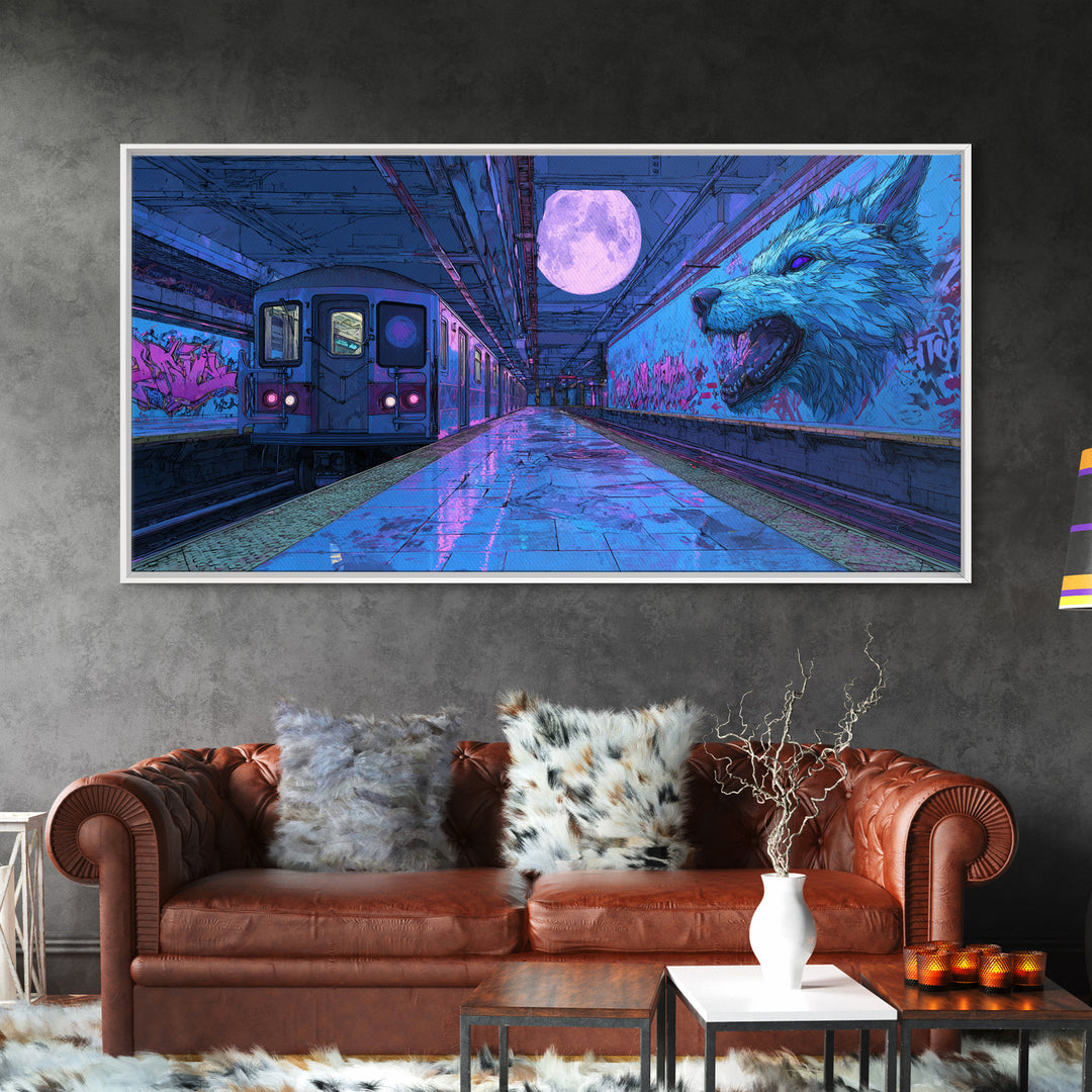 Moonlit Subway Wolf Canvas Print, Cyberpunk Train Station Wall Art, Neon Animal Graffiti Decor, Modern Urban Home Decor For Gamer Room