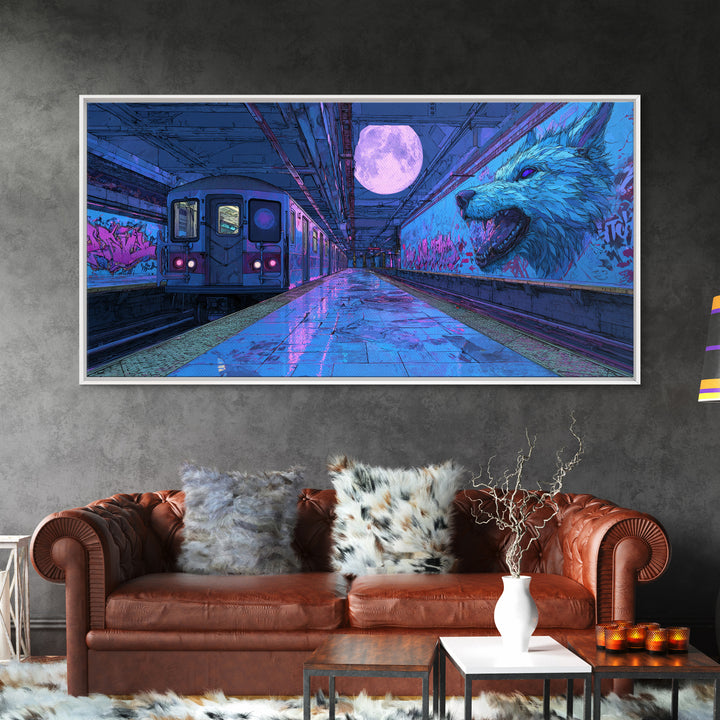 Moonlit Subway Wolf Canvas Print, Cyberpunk Train Station Wall Art, Neon Animal Graffiti Decor, Modern Urban Home Decor For Gamer Room