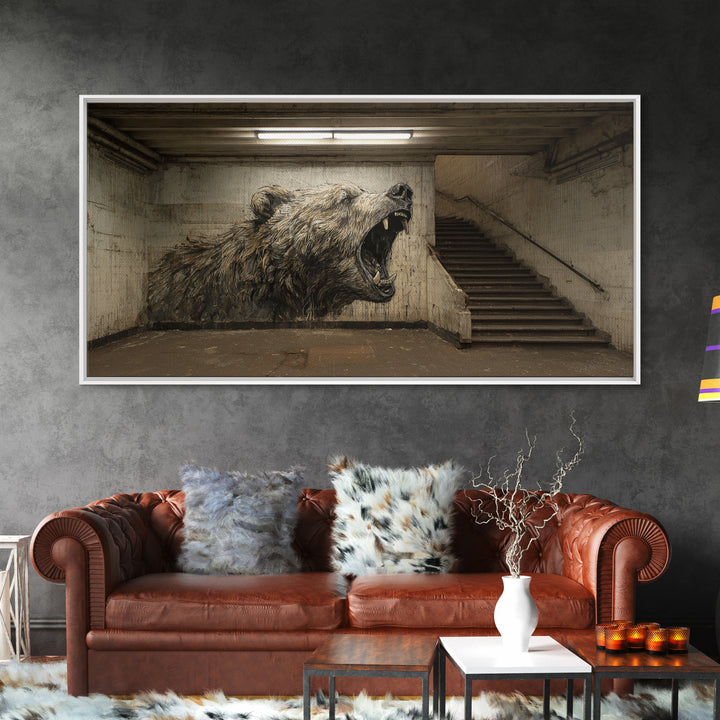 Roaring Bear Urban Subway Wall Art, Black And White Graffiti Canvas Print, Industrial Bathroom Decor, Animal Poster, Gift