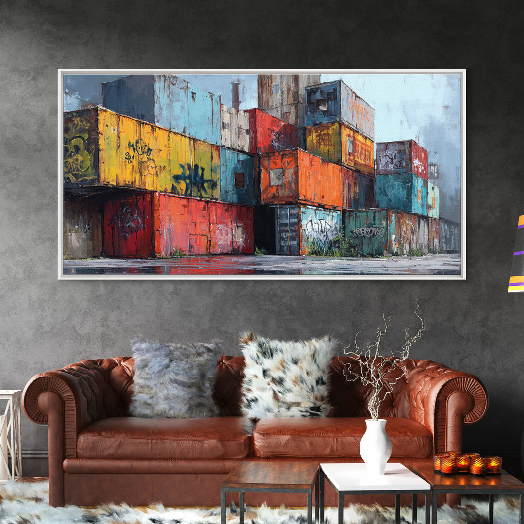 Stacked Graffiti Shipping Containers Wall Art, Urban Industrial Canvas Print, Street Art Decor, Modern Office Wall Decor