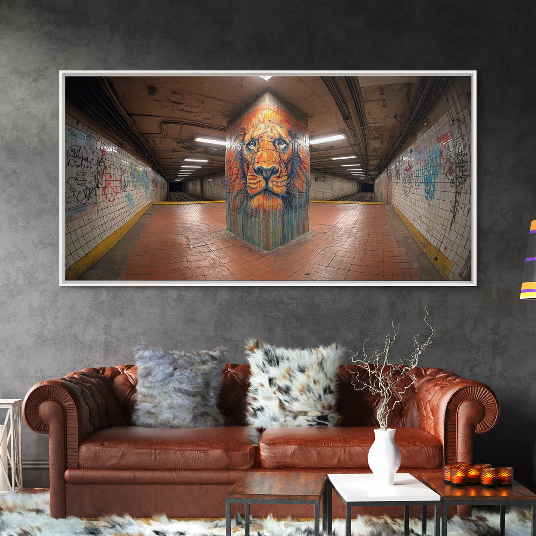 Lion Graffiti Mural In Subway Tunnel Canvas Print, Urban Street Art, Bold Animal Wall Decor, Modern Maximalist Home Decor