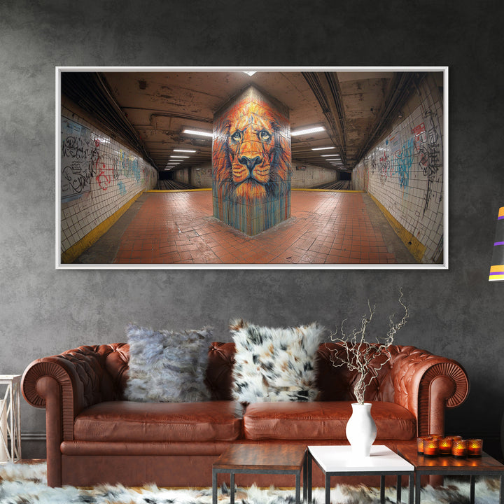 Lion Graffiti Mural In Subway Tunnel Canvas Print, Urban Street Art, Bold Animal Wall Decor, Modern Maximalist Home Decor