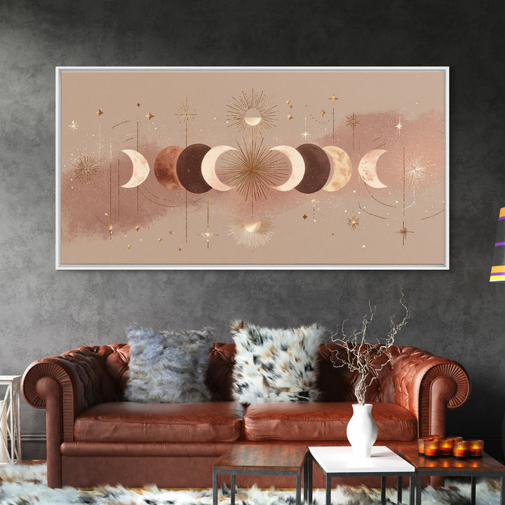 Boho Moon Phases And Radiant Sun Wall Art, Celestial Decor, Mystical Stars Print, Neutral Boho Bedroom Gallery Canvas Print