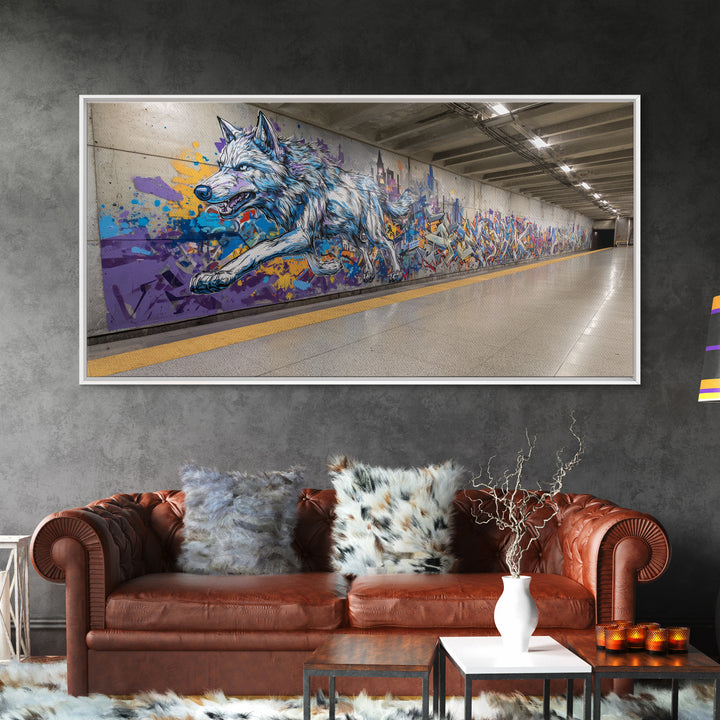 Running Wolf Graffiti Subway Mural Canvas Print, Urban Street Art Wall Art, Colorful Animal Decor, Modern Man Cave Art Gift