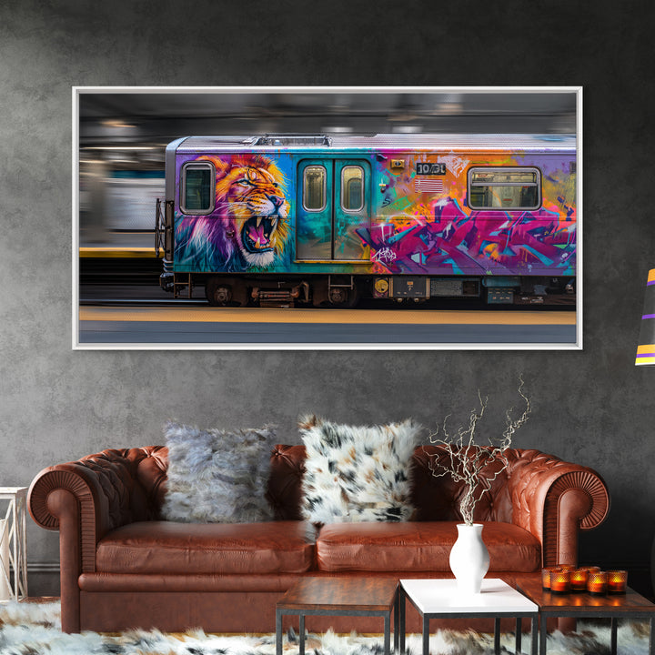 Colorful Lion Graffiti Train Canvas Print, Urban Street Art Wall Art, Dopamine Decor, Bold Pop Art Subway Photography Print